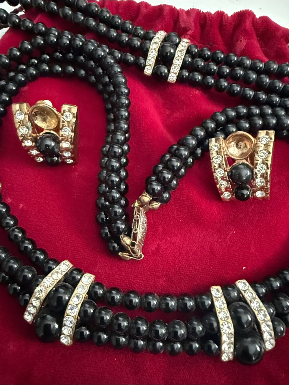 Black Beaded Necklace, Earring and Bracelet Set with Gold Accents